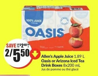FreshCo Allen's Apple Juice 1.89 L Oasis or Arizona Iced Tea Drink Boxes 8x200 mL offer