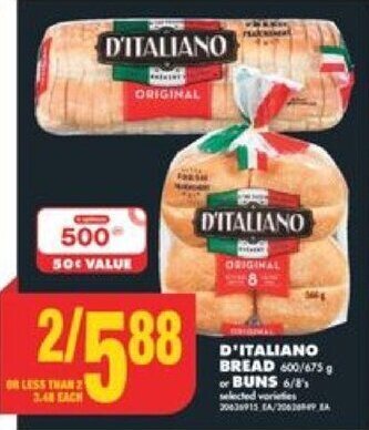 No Frills D'ITALIANO BREAD 600 / 675 g or BUNS 6 / 8's offer