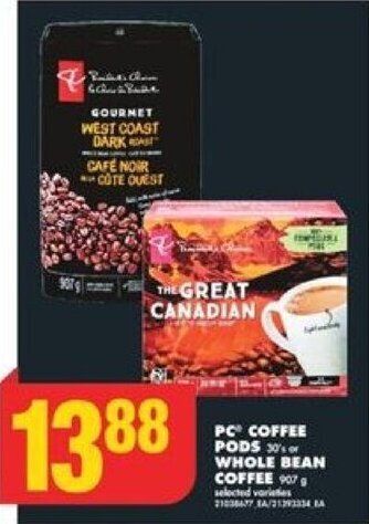 No Frills PC COFFEE PODS 30's or WHOLE BEAN COFFEE 907 g offer