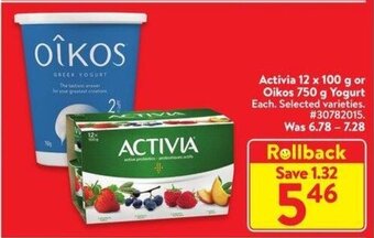 Walmart Activia 12 x 100 g or Oikos 750 g Yogurt offer