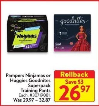 Walmart Pampers Ninjamas or Huggies Goodnites Superpack Training Pants offer