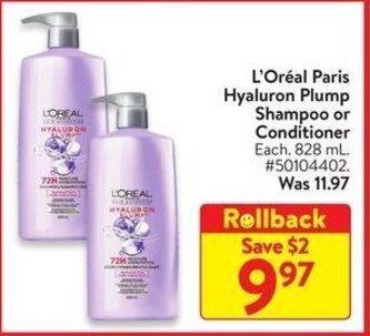 Walmart L'Oréal Paris Hyaluron Plump Shampoo or Conditioner, 828 mL offer