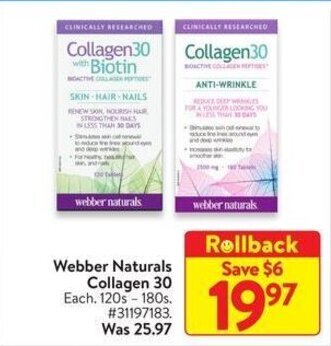 Walmart Webber Naturals Collagen 30 Each. 120s - 180s offer