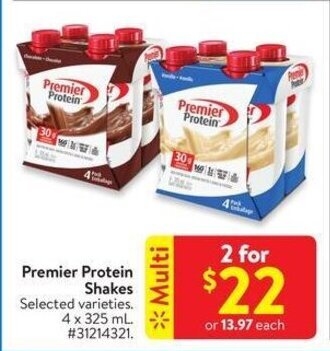 Walmart Premier Protein Shakes, 4 x 325 mL offer