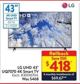 Walmart LG UHD 43" UQ7070 4K Smart TV offer