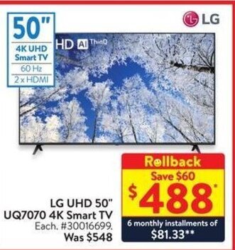 Walmart LG UHD 50" UQ7070 4K Smart TV offer