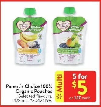 Walmart Parent's Choice 100% Organic Pouches. 128 mL offer