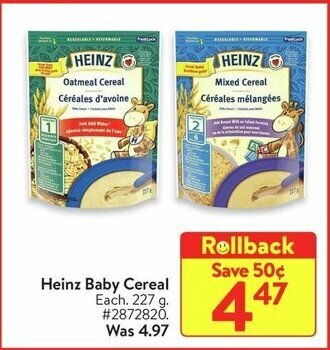 Walmart Heinz Baby Cereal Each. 227 g offer