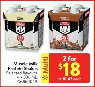 Walmart Muscle Milk Protein Shakes Selected flavours. 4 x 330 mL offer