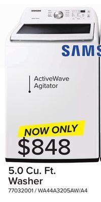 Leon's Samsung white top load washer with activewave agitator (5.0 cu.ft) - wa44a3205aw/a4 offer