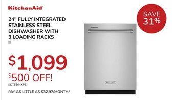 Goemans Appliances Kitchenaid 24 fully integrated stainless steel dishwasher with 3 loading racks offer