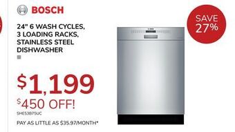 Goemans Appliances Bosch 24 6 wash cycles, 3 loading racks, stainless steel dishwasher offer