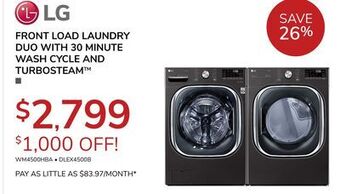 Goemans Appliances Lg front load laundry duo with 30 minute wash cycle and turbosteam offer