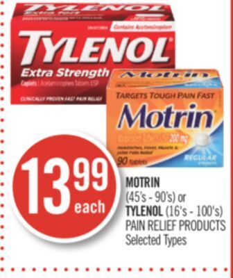 Shoppers Drug Mart Motrin (45's - 90's) or tylenol (16's - 100's) pain relief products offer
