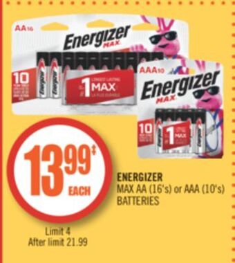 Shoppers Drug Mart Energizer max aa (16's) or aaa (10's) batteries offer