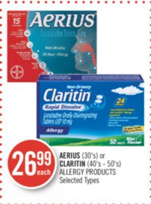 Shoppers Drug Mart Aerius (30's) or claritin (40's - 50's) allergy products offer