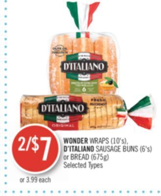 Shoppers Drug Mart Wonder wraps (10's), d'italiano sausage buns (6's) or bread (675g) offer