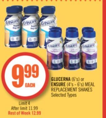 Shoppers Drug Mart Glucerna (6's) or  ensure (4's - 6's) meal replacement shakes offer