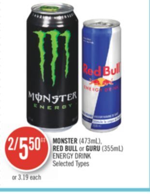 Shoppers Drug Mart Monster (473ml), red bull or guru (355ml) energy drink offer