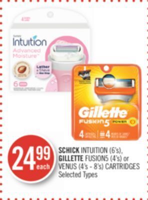 Shoppers Drug Mart Schick intuition (6's), gillette fusion5 (4's) or venus (4's - 8's) cartridges offer