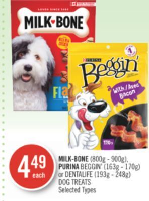 Shoppers Drug Mart Milk-bone (800g - 900g), purina beggin' (163g - 170g) or dentalife (193g - 248g) dog treats offer