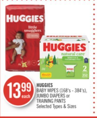 Shoppers Drug Mart Huggies baby wipes (168's - 384's), jumbo diapers or training pants offer