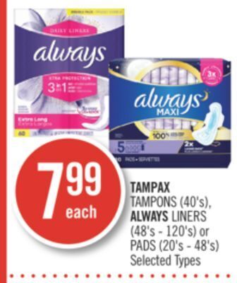 Shoppers Drug Mart Tampax tampons (40's), always liners (48's - 120's) or pads (20's - 48's) offer