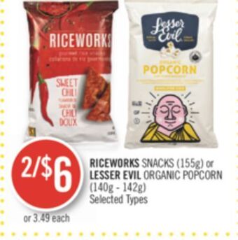 Shoppers Drug Mart Riceworks snacks (155g) or lesser evil organic popcorn (140g - 142g) offer