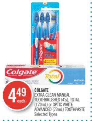 Shoppers Drug Mart Colgate extra clean manual toothbrushes (4's), total (170ml) or optic white advanced (73ml) toothpaste offer