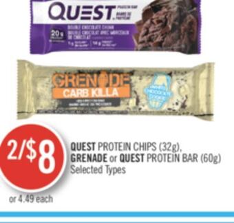 Shoppers Drug Mart Quest protein chips (32g), grenade or quest protein bar (60g) offer