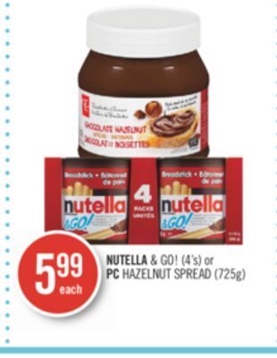 Shoppers Drug Mart Nutella & go! (4's) or pc hazelnut spread (725g) offer