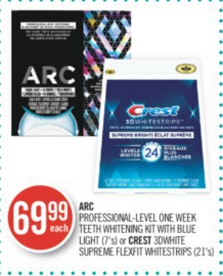 Shoppers Drug Mart Arc professional-level one week teeth whitening kit with blue light (7's) or crest 3dwhite supreme flexfit whitestrips (21's) offer