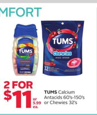 Rexall Tums calcium antacids 60' s-150' s or chewies 32' s offer