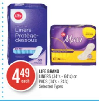 Shoppers Drug Mart Life brand liners (34's - 64's) or pads (14's - 24's) offer