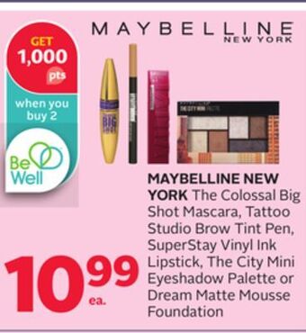Rexall Maybelline new york the colossal big shot mascara, tattoo studio brow tint pen, superstay vinyl ink lipstick, the city mini e offer
