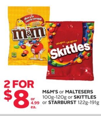 Rexall M&m's or maltesers 100g-120g or skittles or starburst 122g-191g offer