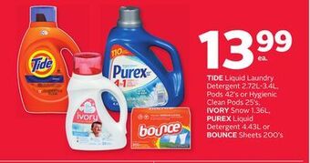 Rexall Tide liquid laundry detergent 2.72l-3.4l, pods 42' s or hygienic clean pods 25' s, ivory snow 1.36l, purex liquid detergent 4 offer