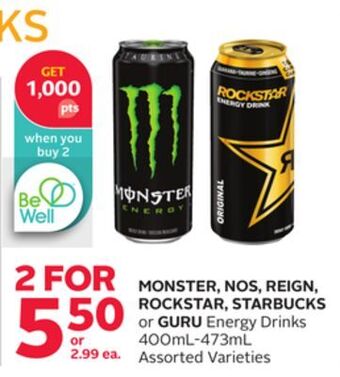 Rexall Monster, nos, reign, rockstar, starbucks or guru energy drinks offer