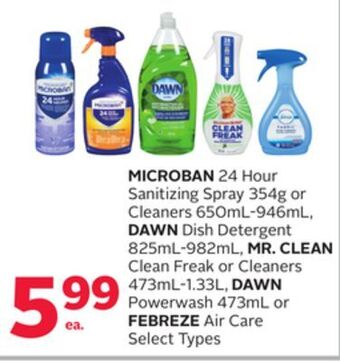 Rexall Microban 24 hour sanitizing spray 354g or cleaners 650ml-946ml, dawn dish detergent 825ml-982ml, mr. clean clean freak or cle offer