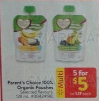 Walmart Parent's Choice 100% Organic Pouches 128ml offer