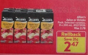 Walmart Allen's Juice or Drinks Pack. Selected varieties. 8 x 200 mL. offer