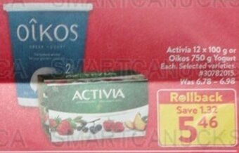 Walmart Activia 12 x 100 g or Oikos 750 g Yogurt offer