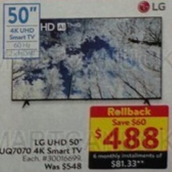 Walmart LG UHD 50" UQ7070 4K Smart TV offer