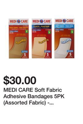 Dollarama Medi care soft fabric adhesive bandages 5pk (assorted fabric) - case of 24 offer