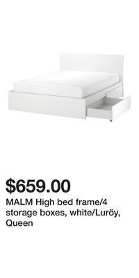 IKEA Malm high bed frame/4 storage boxes, white/luröy, queen offer