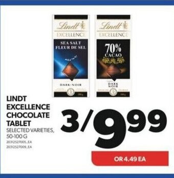 Real Canadian Superstore LINDT EXCELLENCE CHOCOLATE TABLET, 50 - 100 G offer