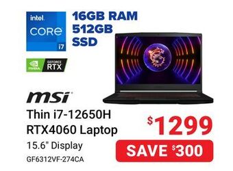 Visions Electronics Msi thin i7-12650h rtx4060 laptop offer