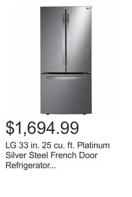 Costco Lg 33 in. 25 cu. ft. platinum silver steel french door refrigerator with smart diagnosis offer