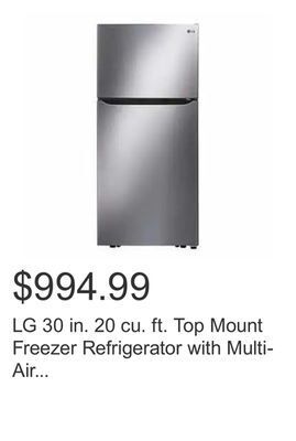 Costco Lg 30 in. 20 cu. ft. top mount freezer refrigerator with multi-air flow cooling offer