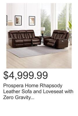 Costco Prospera home rhapsody leather sofa and loveseat with zero gravity power recline offer